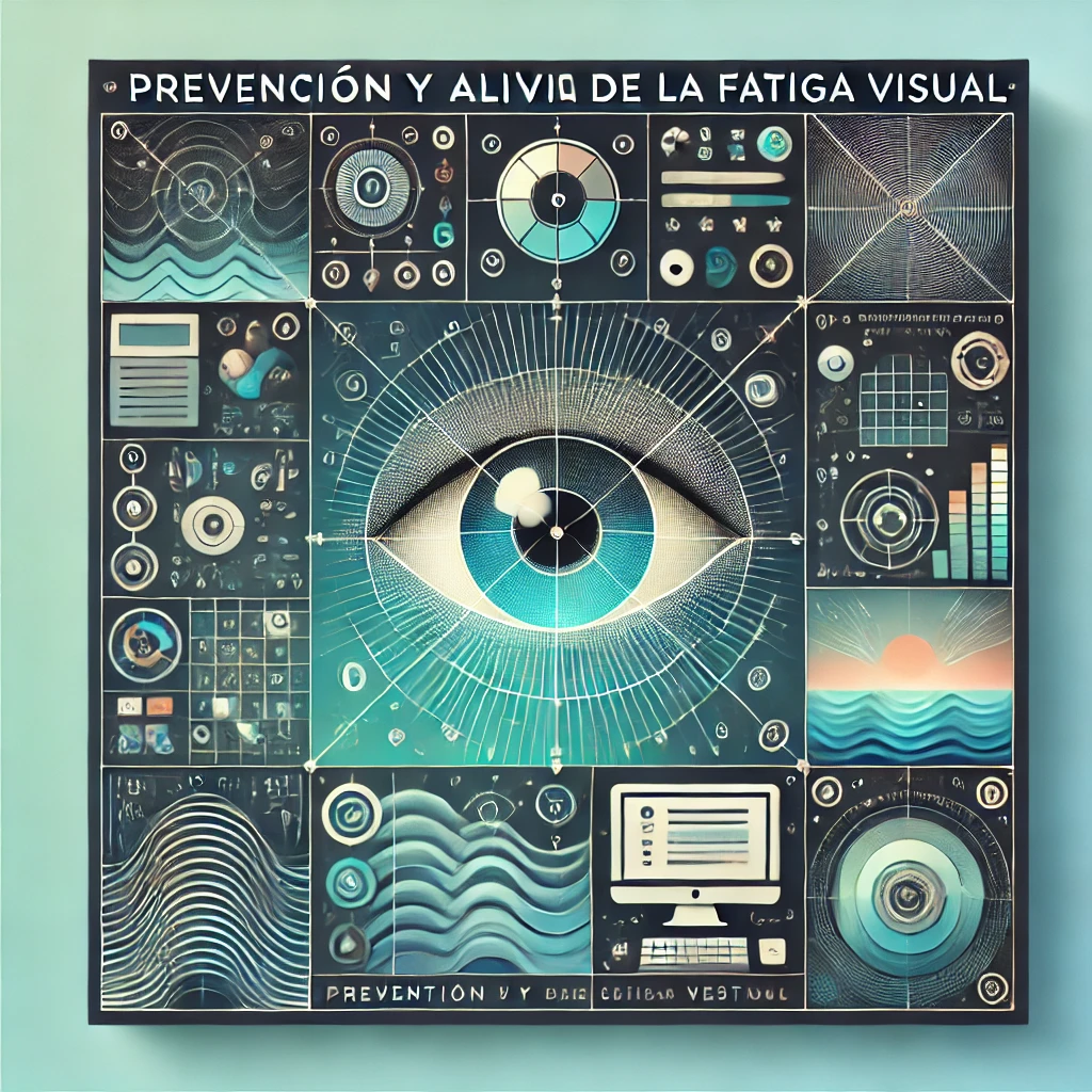 DALL·E 2024-11-01 17.37.44 - Create a high-quality square (Instagram-friendly) book cover for 'Prevención y Alivio de la Fatiga Visual'. Ensure the title is clear and legible. Inc